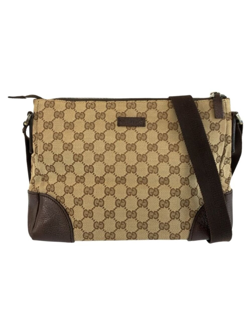Gucci Beige Brown Silver GG Canvas Leather Shoulder Bag